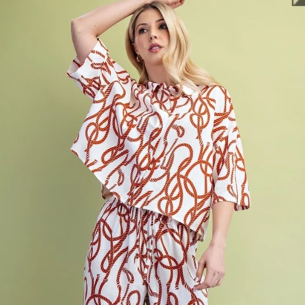 White & Rust Rope Print Short Sleeve Flowy Pantsuit